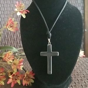 Vintage Hematite Cross Pendant Necklace;Length 34"